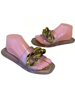 ABATA CLEAR JELLY SLIDE FLATS WITH LARGE GOLD TONE CHAIN ACCENT (9)